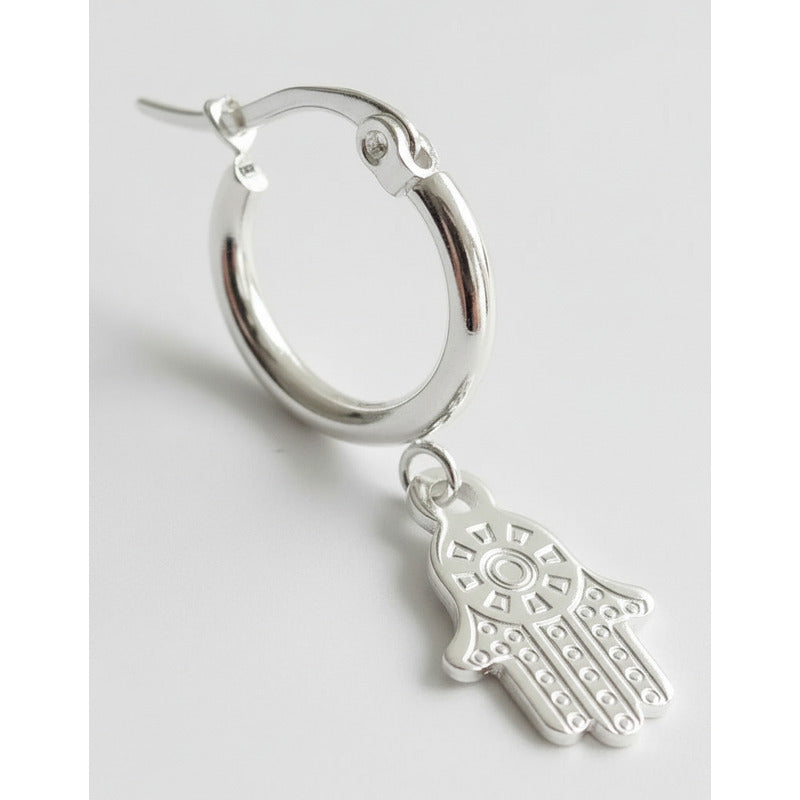 Par Aros Argollitas De Acero Quirúrgico Hamsa Mano De Fátima Gris