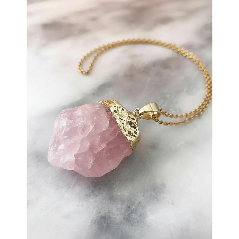 Collar Cuarzo Rosa Piedra Natural Bruto Dorado Con Cadena Cuarzo Rosa