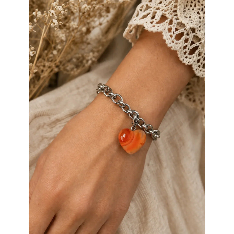 Pulsera De Piedras Naturales Energéticas Corazón Cornalina 8 Cm 20 Cm