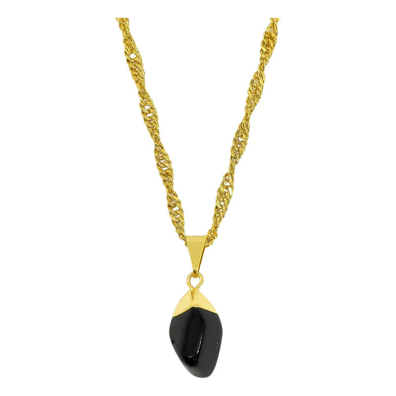 Collar Protector Mini Piedra Obsidiana + Cadena Acero Dorado Obsidiana Acero Dorado