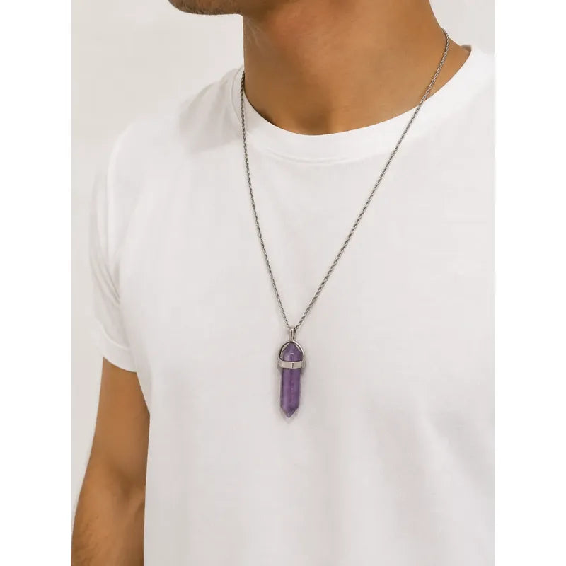 Collar Hombre Mujer Péndulo Biterminado Piedra Natural 60 Cm Amatista - Intuición