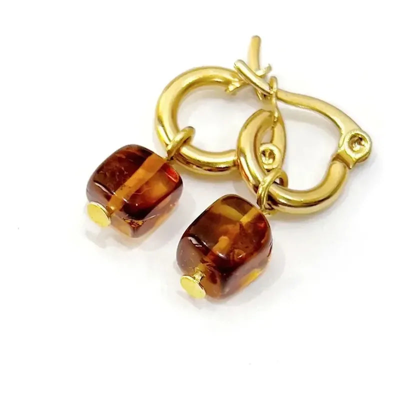 Aros De Acero Quirúrgico Con Piedra Ámbar Auténtica Aro Dorado