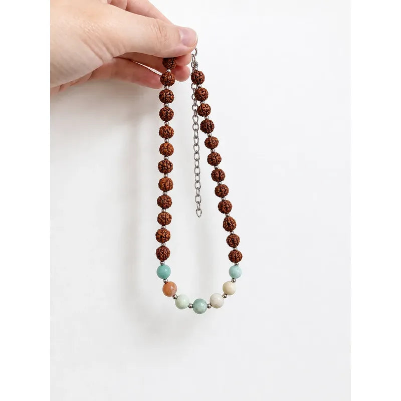 Collar Choker Mini Cuentas Piedras Naturales Delicado 40 Cm Rudraksha Y Amazonita 8 Mm.