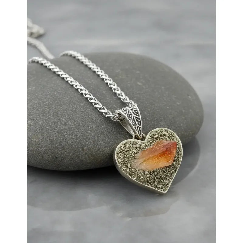 Collar Prosperidad Y Abundancia Corazón  Pirita Y Citrino Corazón Pirita Y Citrino