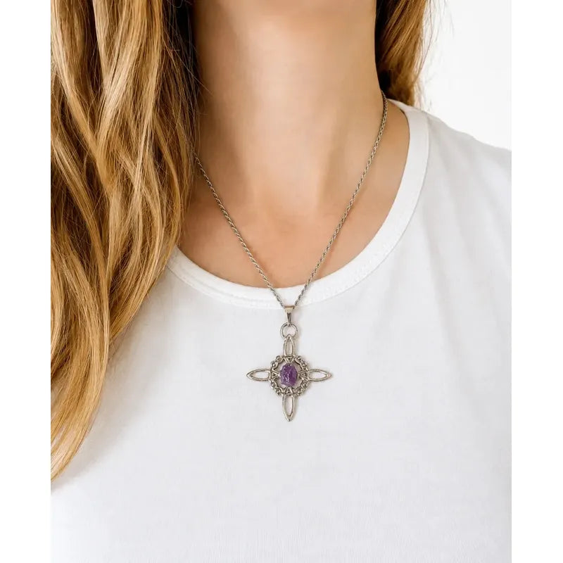 Collar Protección Nudo De Bruja + Amatista Y Cadena De Acero Nudo De Bruja Piedra Bruto
