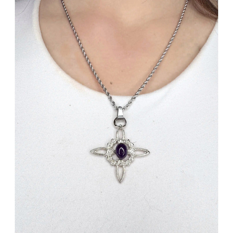 Collar Protección Nudo De Bruja + Amatista + Cadena De Acero Nudo De Bruja Y Amatista