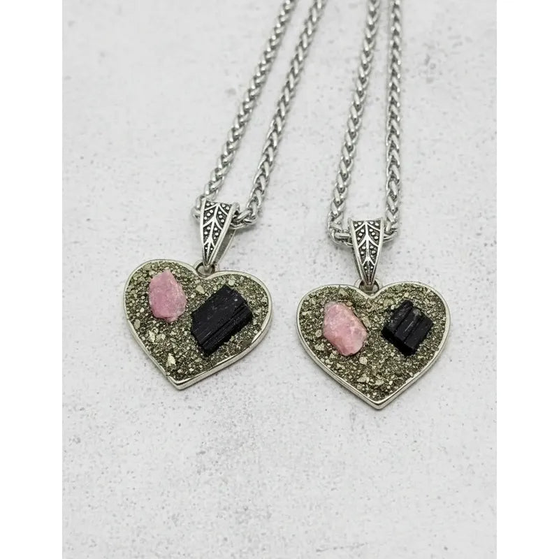 Collar Corazón Piedra Turmalina Rosa Negra Y Pirita + Cadena Corazón Pirita Y Turmalina Rosa Y Negra