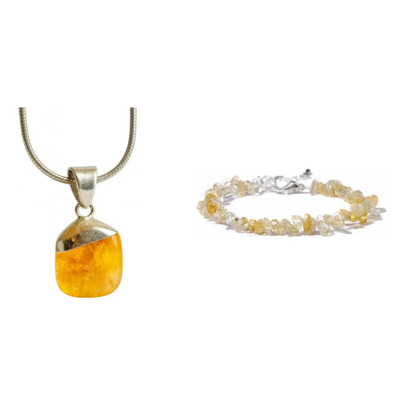 Kit Prosperidad: Collar Abundancia Citrino + Pulsera Piedras Naturales Citrino 18-21 Cm