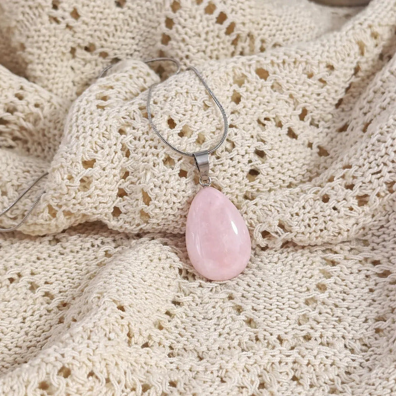 Collar Gota De Piedra Natural Con Cadena Acero Cuarzo Rosa - Amor