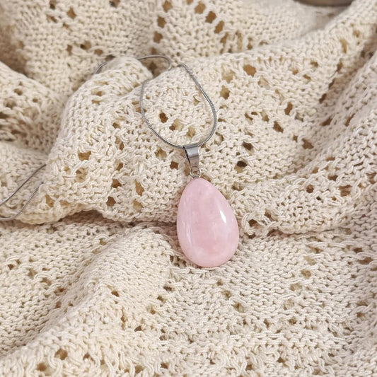 Collar Gota De Piedra Natural Con Cadena Acero Cuarzo Rosa - Amor