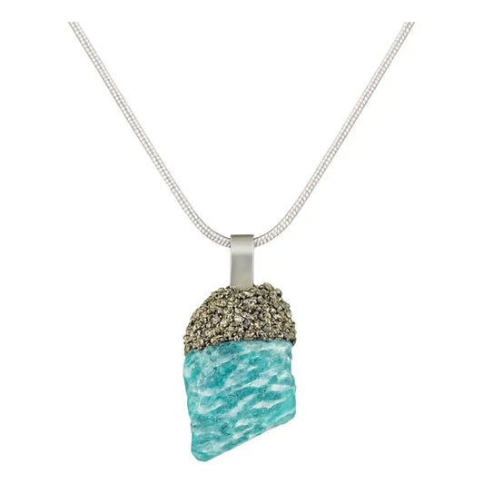 Collar En Bruto De Pirita Y Amazonita Con Cadena De Acero Amazonita Y Pirita