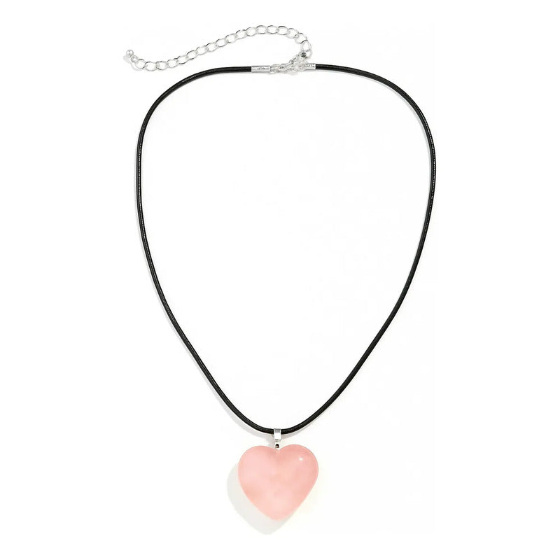 Collar Corazón De Piedra Cuarzo Rosa Grande - Amor Propio Cuarzo Rosa