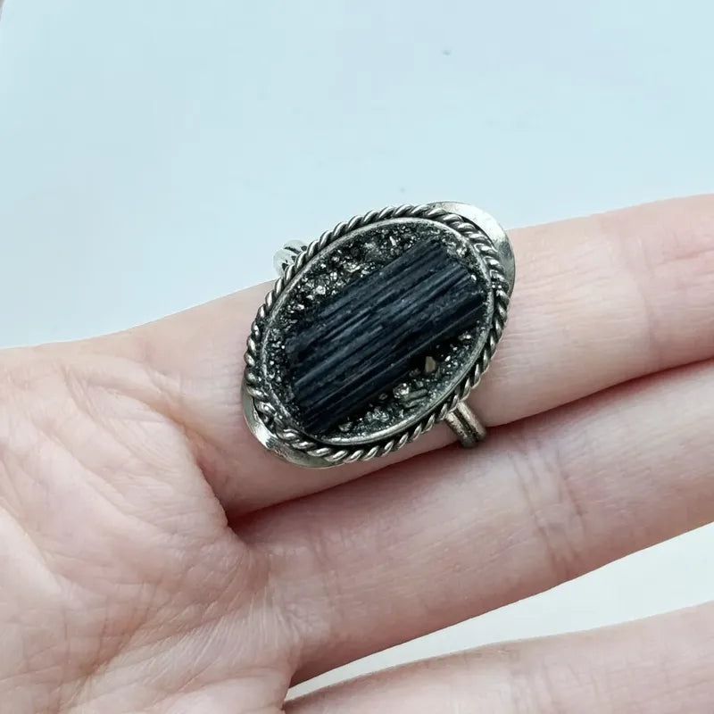 Anillo Mujer Alpaca Regulable Con Piedra Turmalina Y Pirita Pirita Turmalina Unico Regulable Único Ajustable