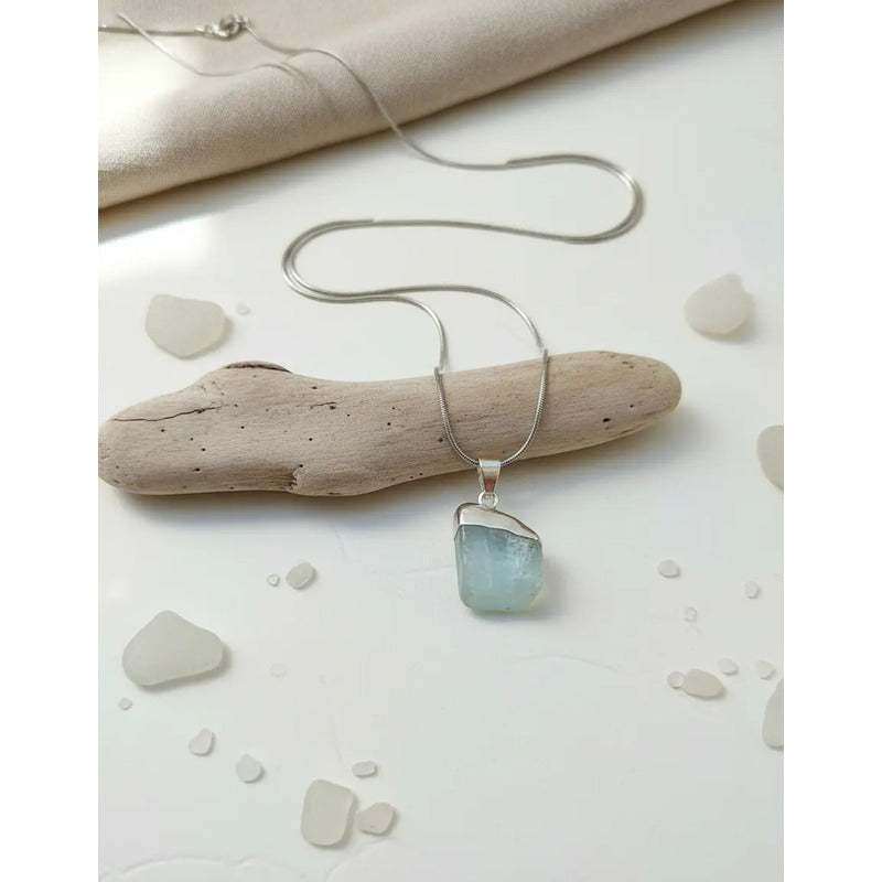 Collar Piedra Auténtica De Aguamarina Con Cadena De Acero