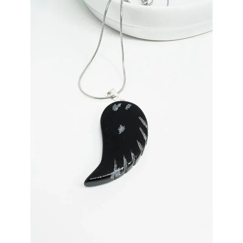 Collar Ala De Obsidiana Auténtica 3,5 Cm.  + Cadena De Acero