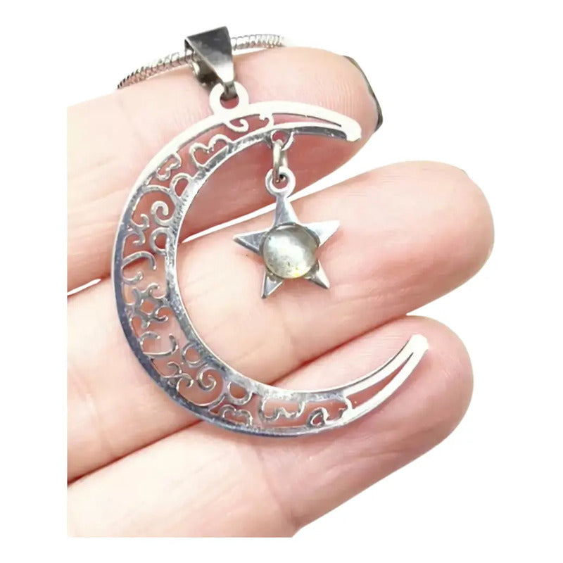 Collar Luna Y Estrella Con Piedra Labradorita Y Cadena Luna Estrella Labradorita
