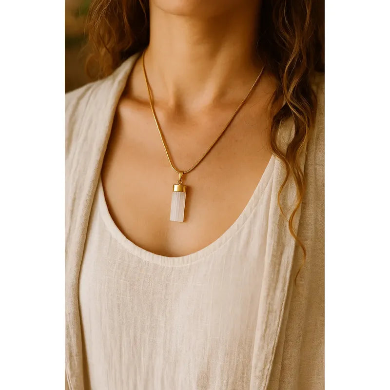 Collar Pureza Dije Selenita Con Baño De Plata Y Cadena Dije Selenita Baño De Oro