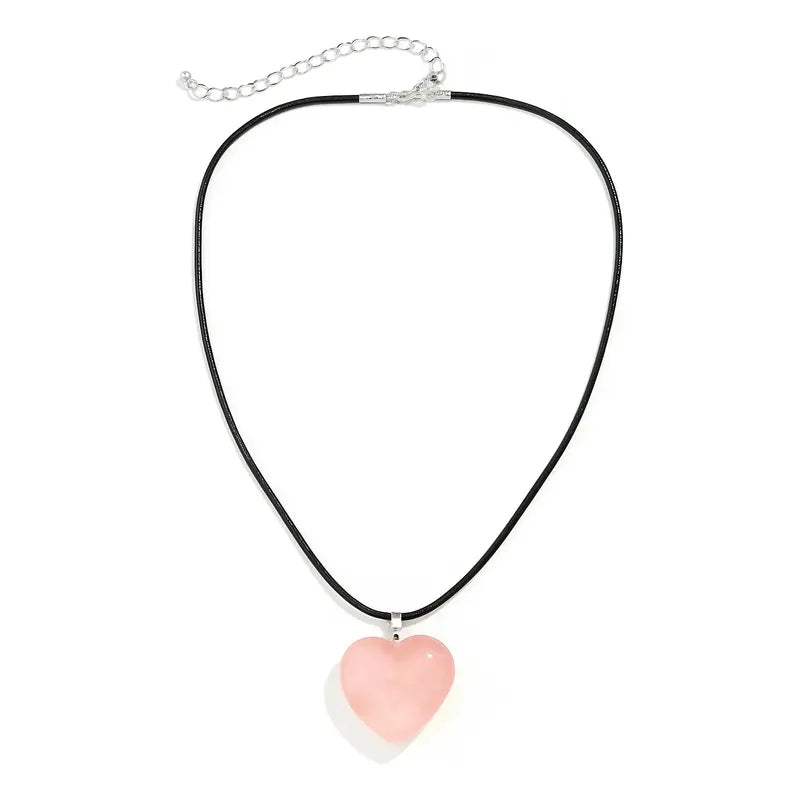 Collar Corazón De Piedra Cuarzo Rosa Grande - Amor Propio Cuarzo Rosa