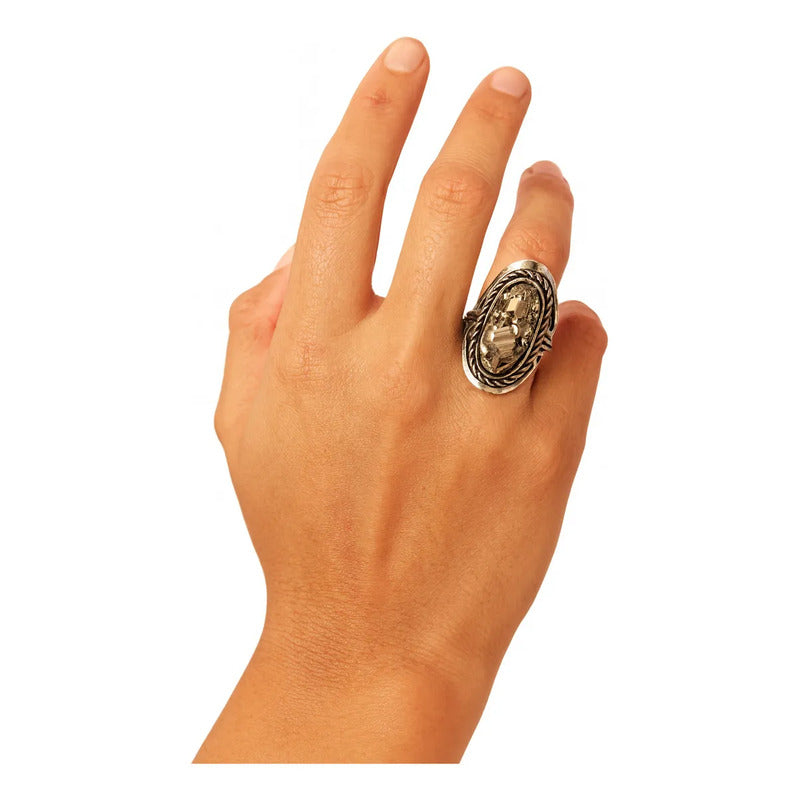 Anillo Mujer Alpaca Regulable Con Piedra Pirita Abundancia Pirita Grande Unico
