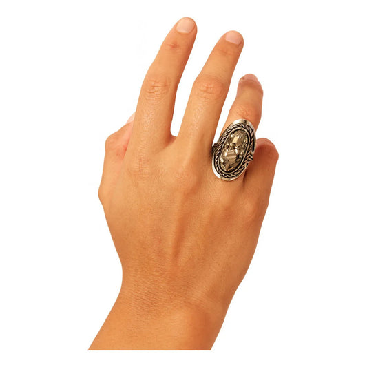 Anillo Mujer Alpaca Regulable Con Piedra Pirita Abundancia Pirita Grande Unico