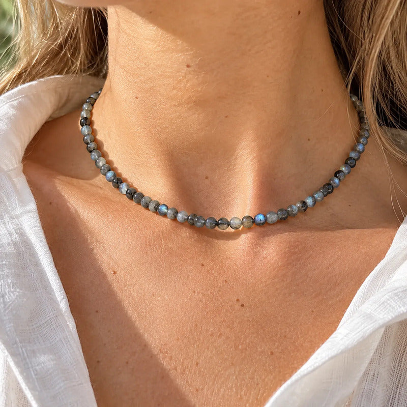 Collar Choker Mini Cuentas Piedras Naturales Delicado 40 Cm Labradorita 4 Mm
