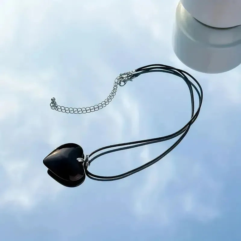 Collar Corazón De Piedra Obsidiana Grande - Protección Obsidiana