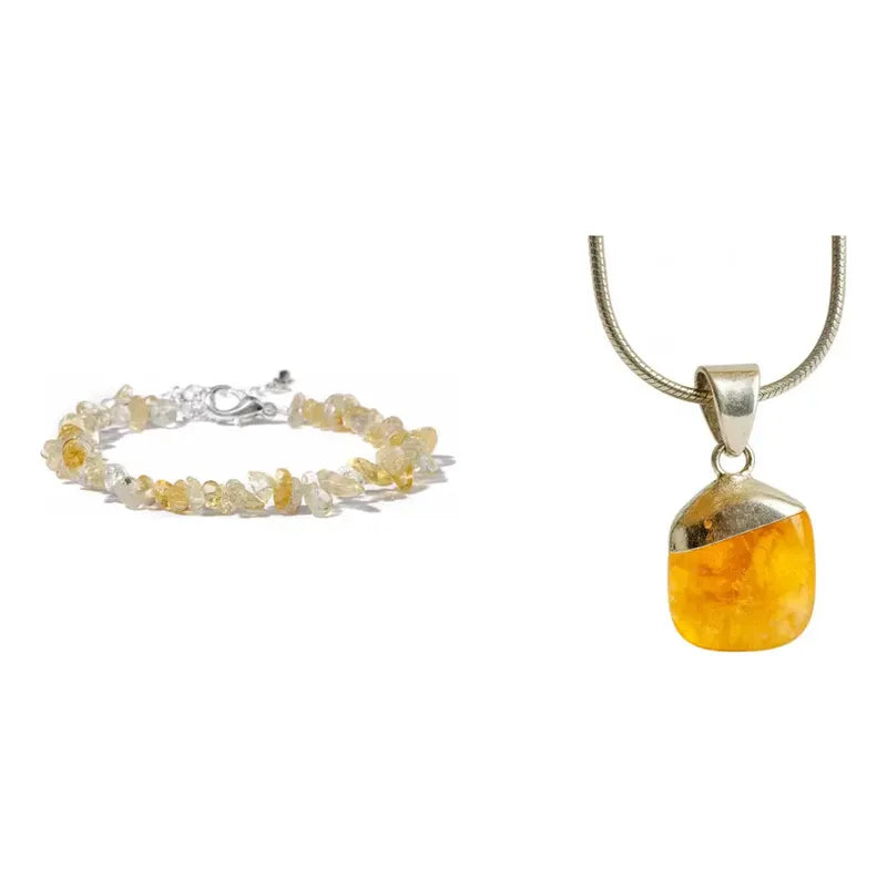 Kit Prosperidad: Pulsera Piedras Naturales Citrino 18 Cm + Collar Abundancia Cadena Citrino