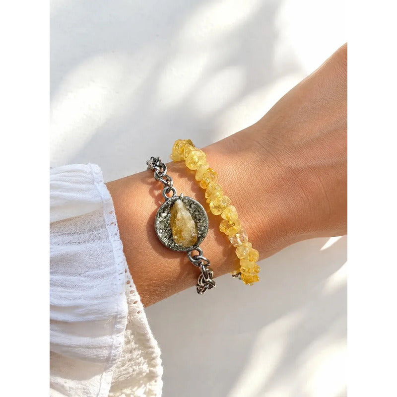Pulsera Amuleto Protección Con Dije De Turmalina Y/o Pirita Color Pirita Y Citrino - Abundancia Diámetro 8 Cm Largo 23 Cm