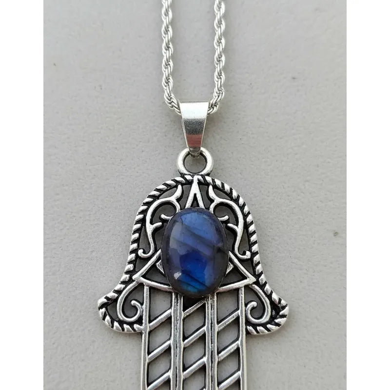 Collar Grande Hamsa Mano De Fátima Con Piedra Labradorita Hamsa Labradorita