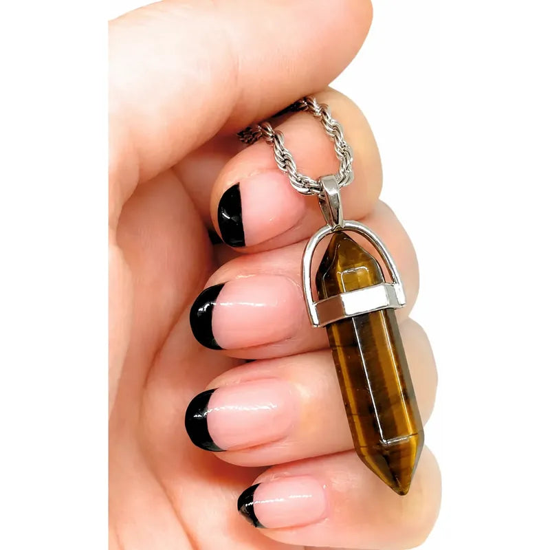 Collar Hombre Mujer Péndulo Biterminado Piedra Natural 60 Cm Ojo De Tigre - Fuerza