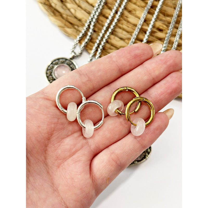 1 Par De Aros Argollas Con Dona Cuarzo Rosa Verde Obsidiana