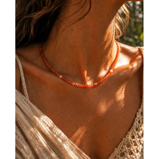 Collar Choker Mini Cuentas Piedras Naturales Delicado 40 Cm Cornalina