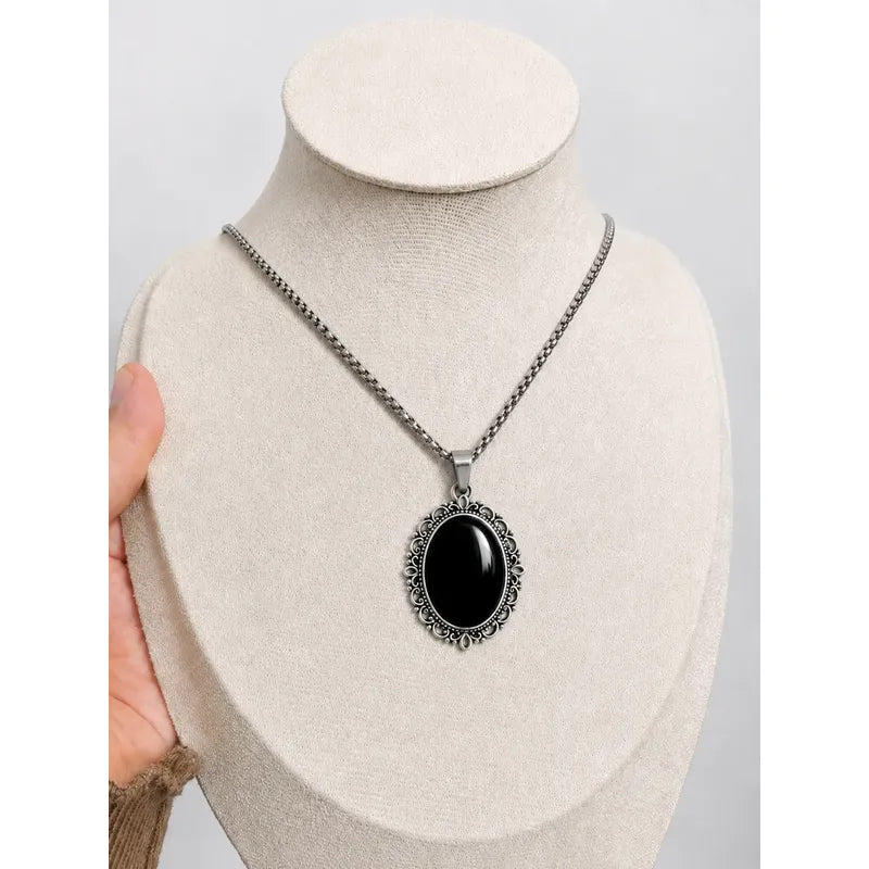 Collar Protector Camafeo De Obsidiana + Cadena Acero Camafeo Obsidiana