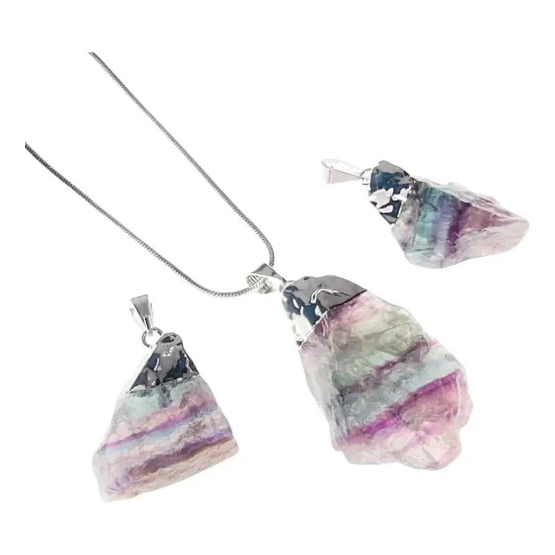 Collar Piedra Natural Fluorita Arcoiris + Cadena De Acero
