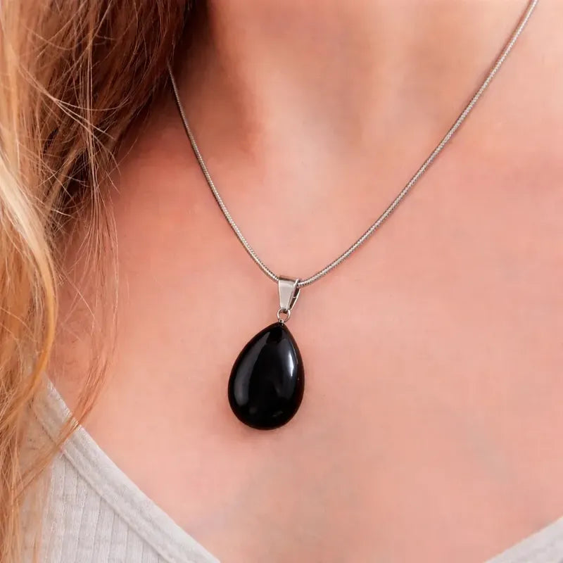 Collar Gota De Piedra Natural Con Cadena Acero Obsidiana