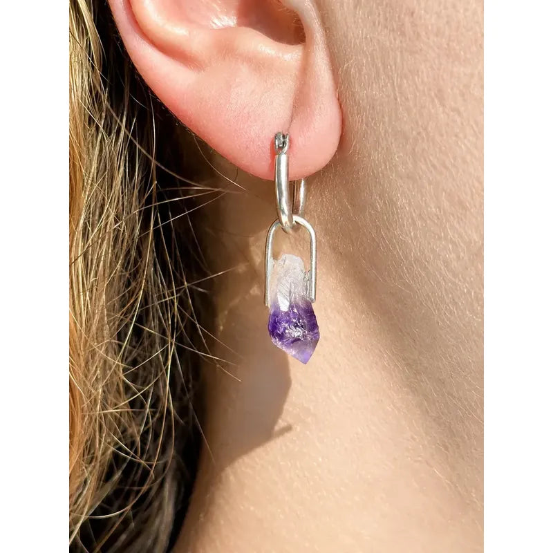 Aritos Mujer De Amatista Piedra Natural Acero Quirúrgico Violeta Oscuro