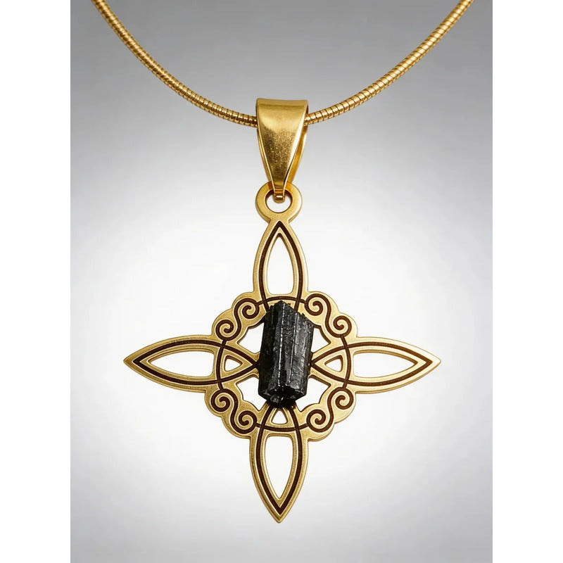 Collar Protección Nudo De Bruja Turmalina + Cadena De Acero Nudo De Bruja Y Turmalina