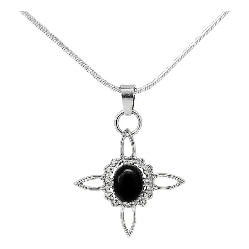 Collar Nudo De Bruja  Con Piedra Obsidiana Y Cadena De Acero Nudo De Bruja Obsidiana