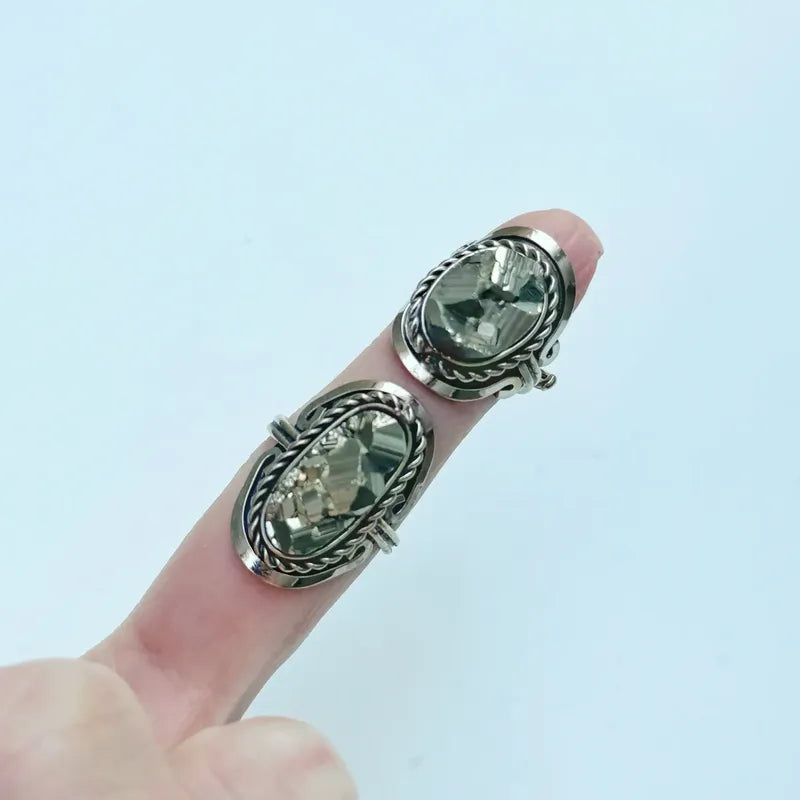 Anillo Mujer Alpaca Regulable Con Piedra Pirita Abundancia Pirita Grande Unico