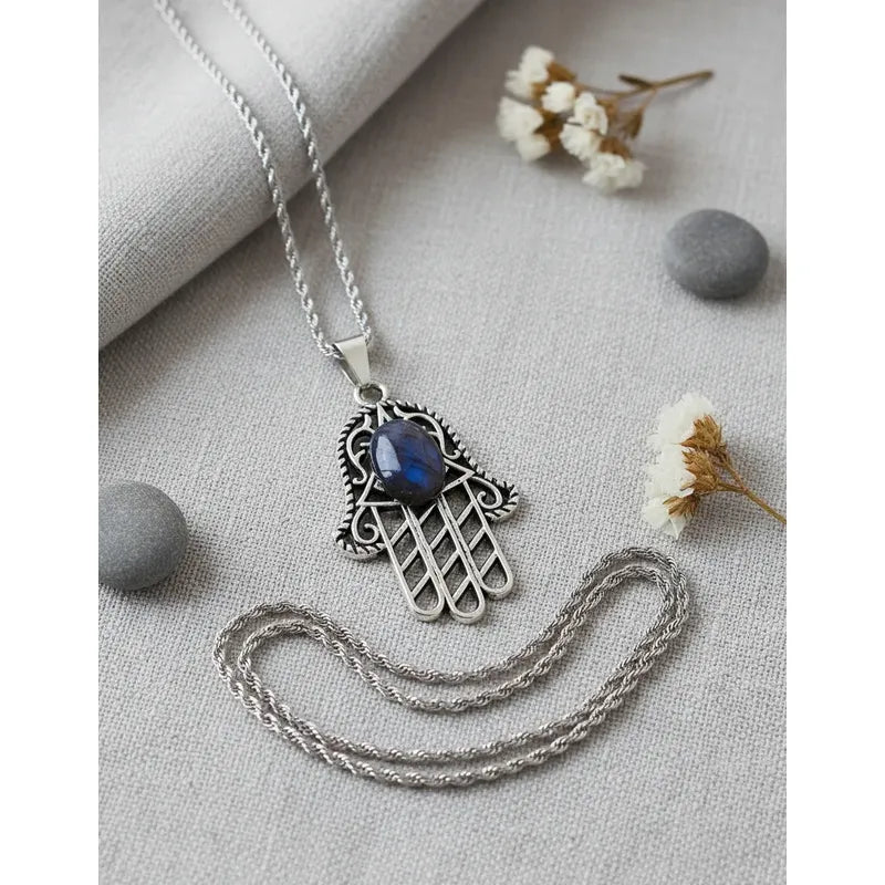 Collar Grande Hamsa Mano De Fátima Con Piedra Labradorita Hamsa Labradorita