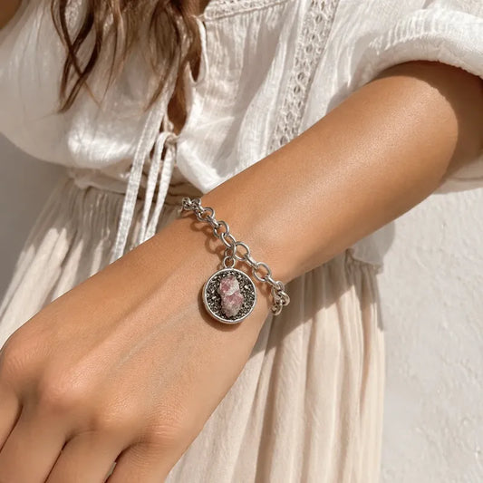 Pulsera Amuleto De Acero Quirúrgico Turmalina Rosa Y Pirita Turmalina Rosa Y Pirita 8 Cm 18 Cm
