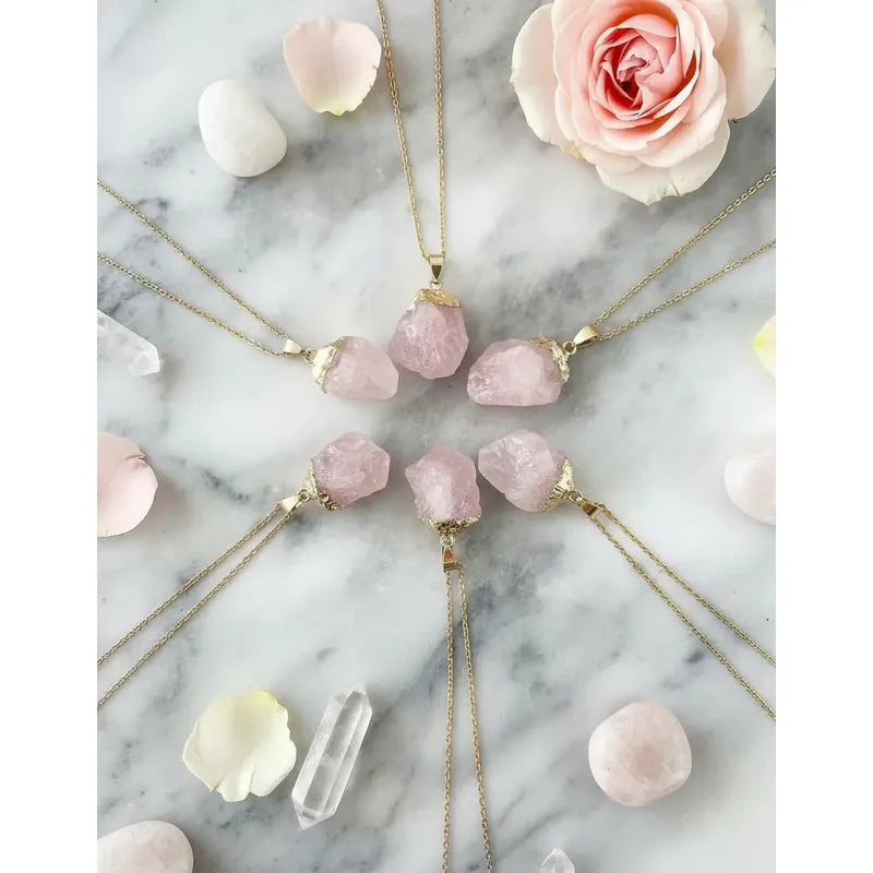 Collar Cuarzo Rosa Piedra Natural Bruto Dorado Con Cadena Cuarzo Rosa