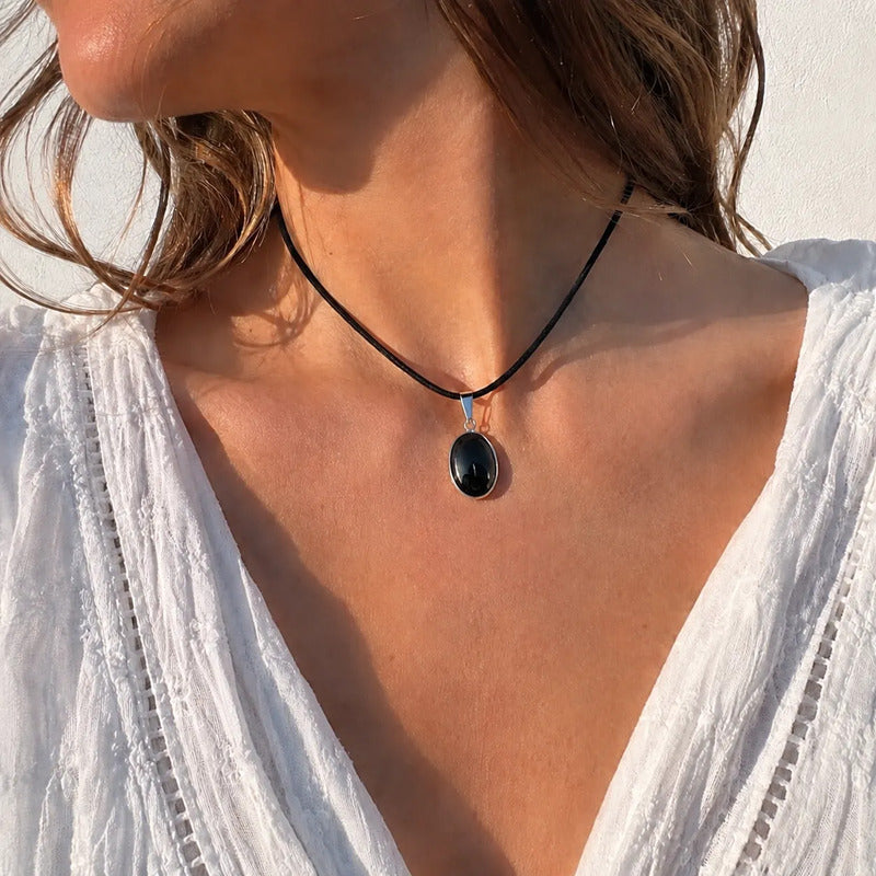 Collar Choker Gargantilla Piedras Naturales Soga Gamuza Obsidiana Negra