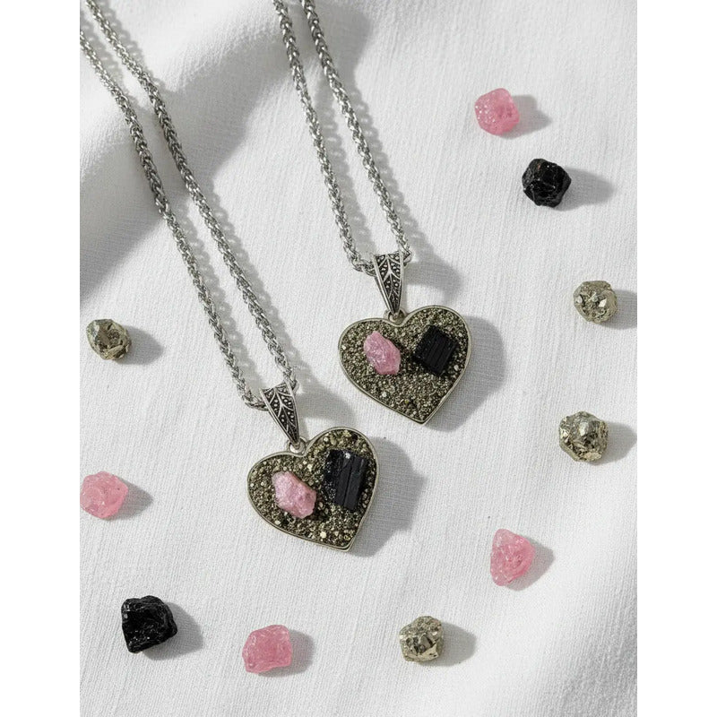 Collar Corazón Piedra Turmalina Rosa Negra Y Pirita + Cadena Corazón Pirita Y Turmalina Rosa Y Negra