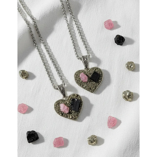 Collar Corazón Piedra Turmalina Rosa Negra Y Pirita + Cadena Corazón Pirita Y Turmalina Rosa Y Negra