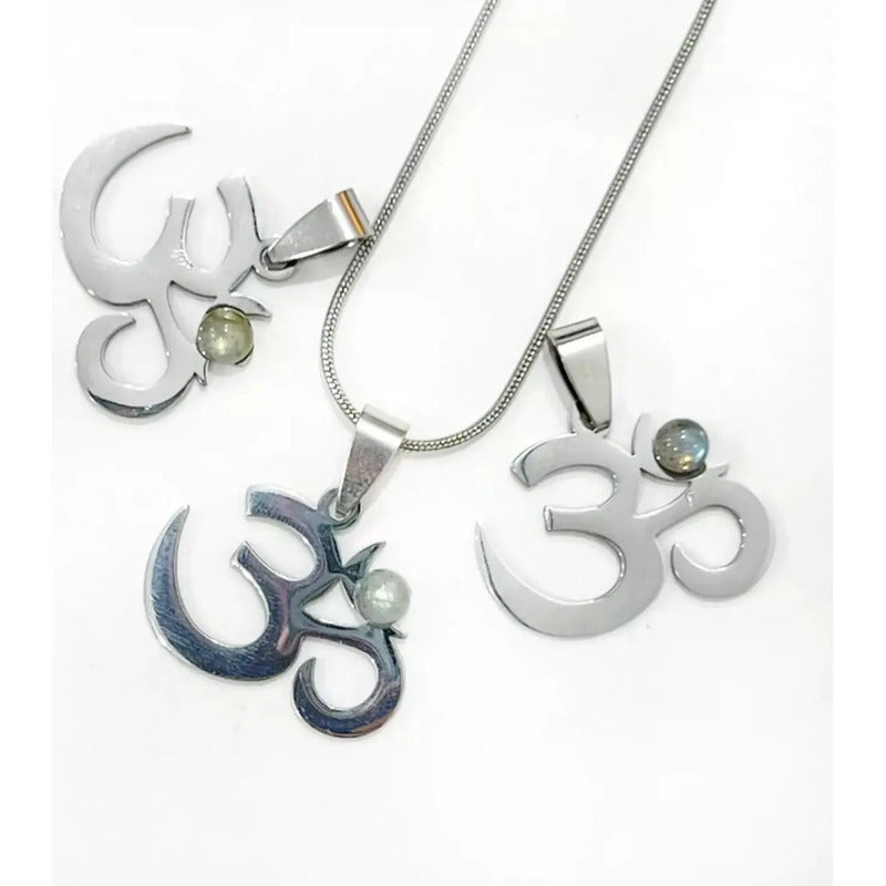 Collar Om Con Piedra Labradorita Y Cadena Acero Quirúrgico Om Labradorita