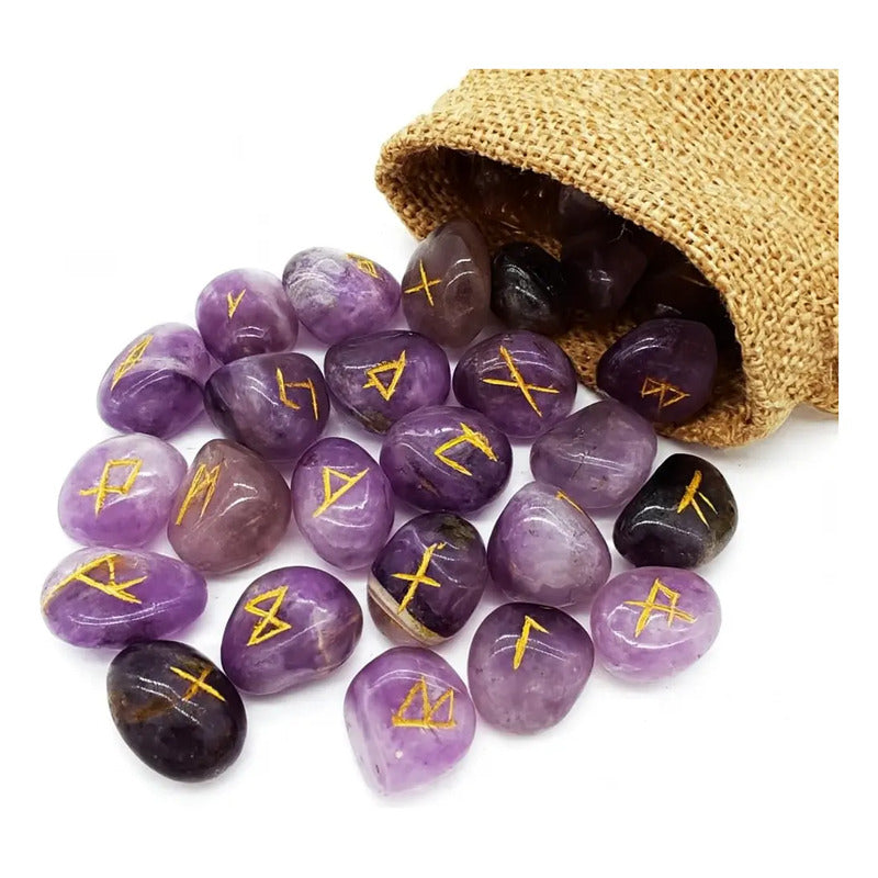 Runas Vikingas De Piedras Naturales Con Bolsa Amatista