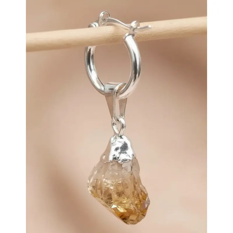 Par Aros De Acero Quirúrgico Con Piedra Citrino Auténtica