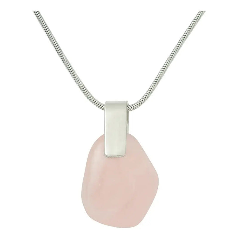 Collar Dije De Piedras Naturales Y Alpaca. Cadena De Acero Cuarzo Rosa