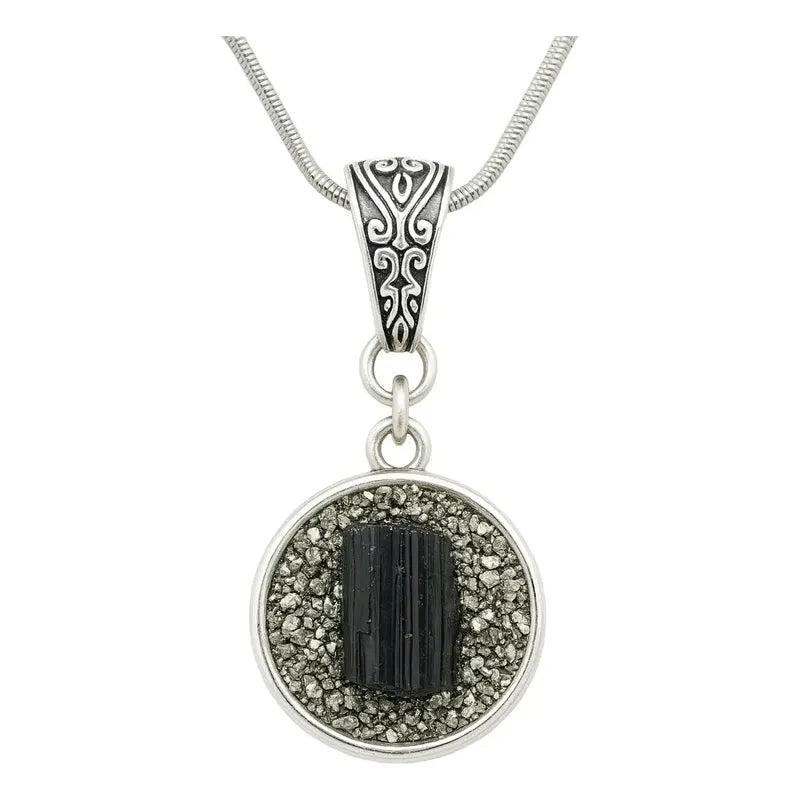 Collar Protección De Turmalina Con Pirita Y Cadena De Acero Turmalina Con Pirita